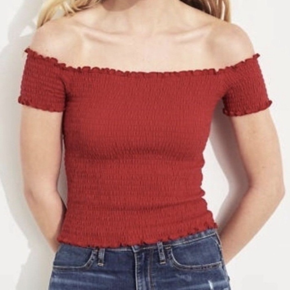 Hollister Juniors Crop Top M Red Off Shoulder Smocked Ruffle Stretch Top Summer